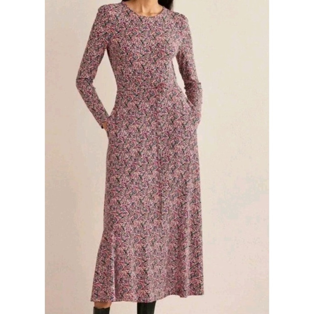 Boden Dress 8 R Midi Tie Waist Jersey Floral Stretch Classic Capsule Office Boho
